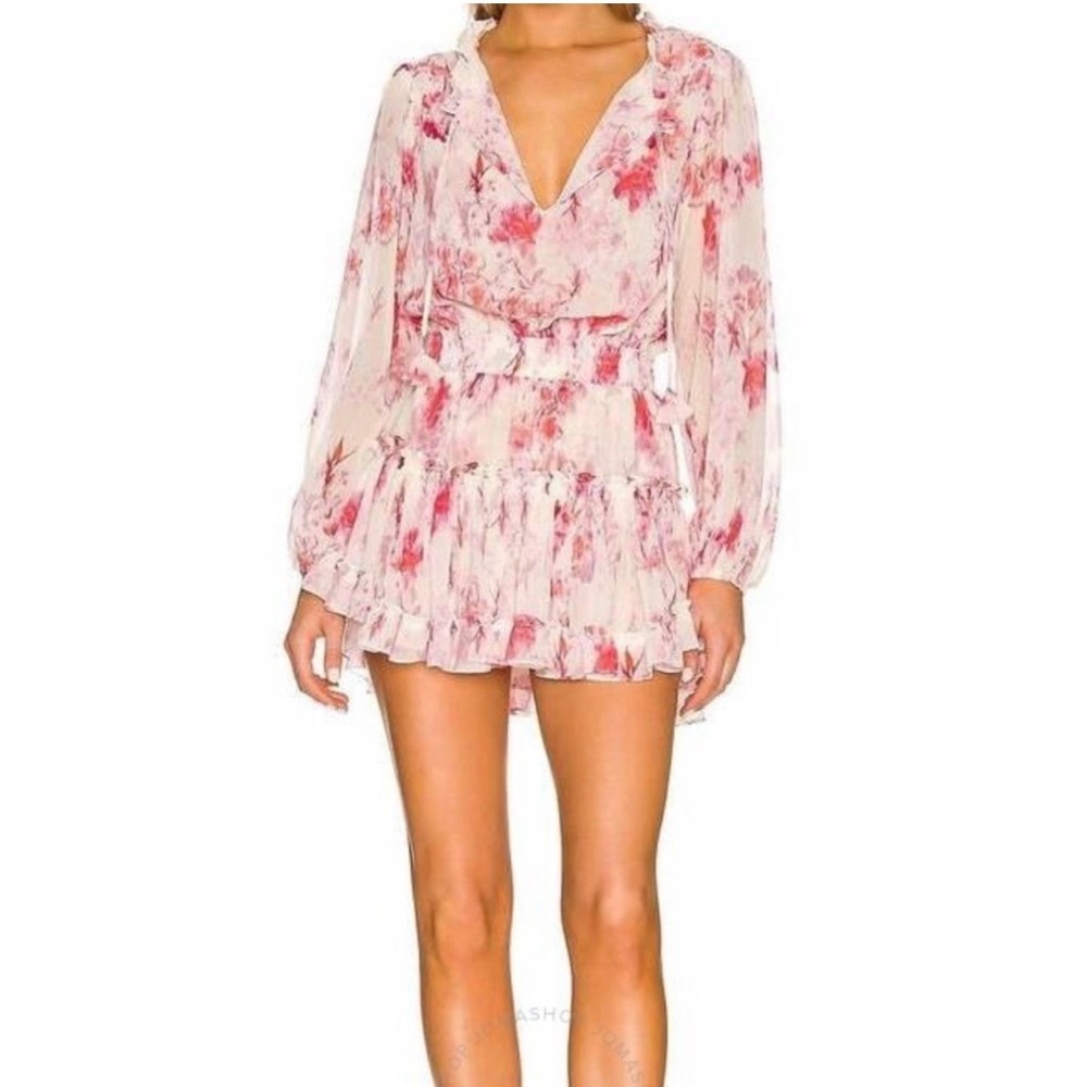 Misa Los Angeles Lorena Pink White Rose Floral Balloon Long Sleeve Mini Dress S